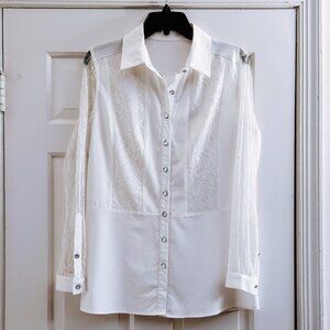 Cristina White Lace Fancy Buttons Button Down Blouse Shirt Long Sleeve Elegant